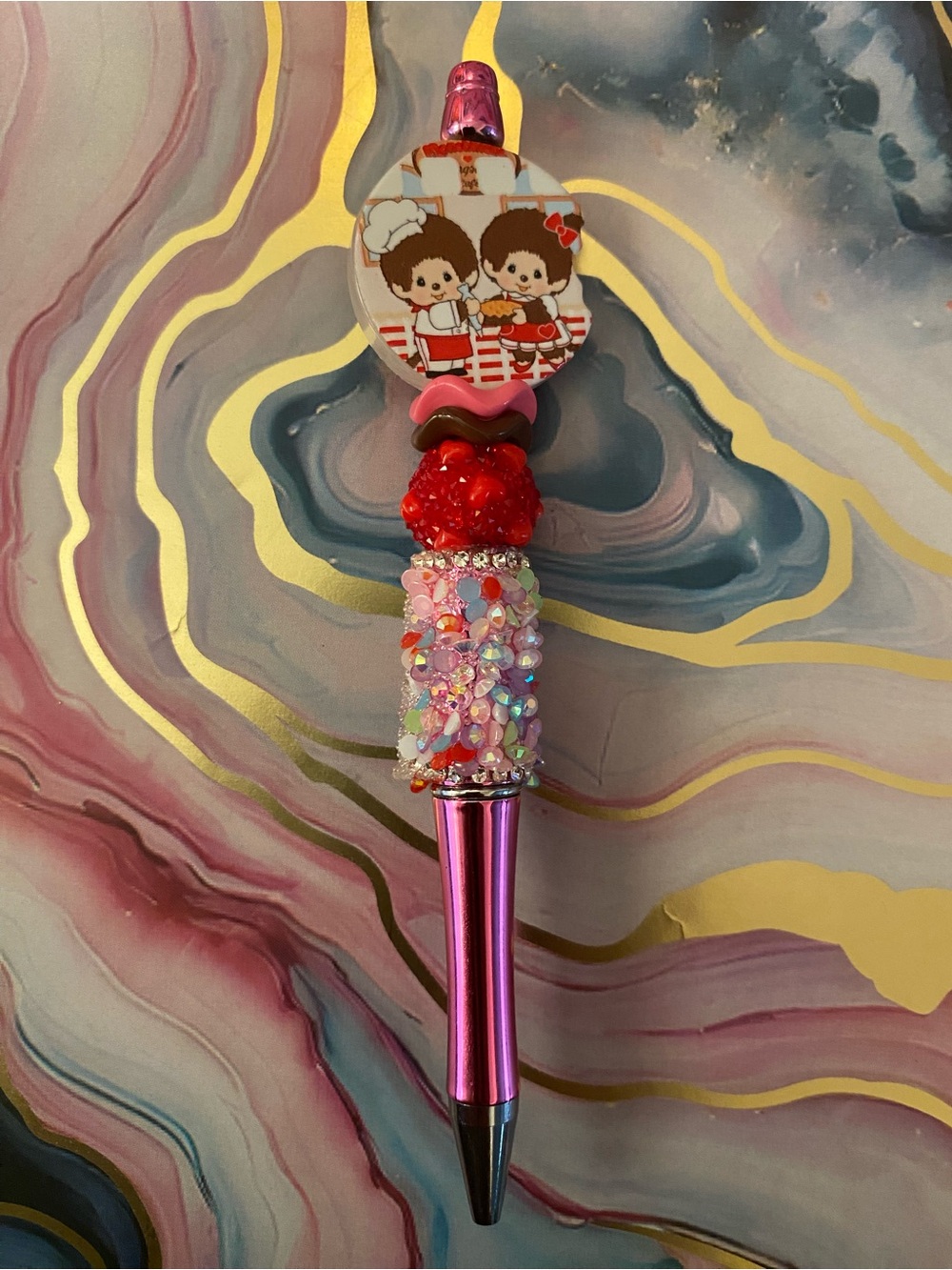 Pink Decorative Beaded Kids Pen with Red Accent